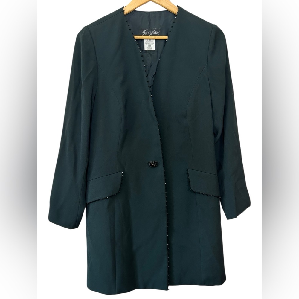 Sunny Choi Vintage‎ Emerald Greed Beaded Sequin Accent Longline Button Blazer 14